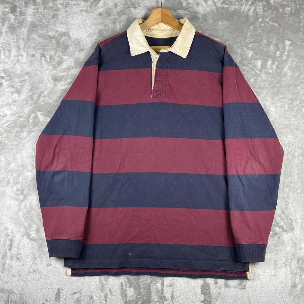 Vtg Y2K L.L. Bean Rugby Shirt Mens M Burgundy Navy Striped Long Sleeve Cotton